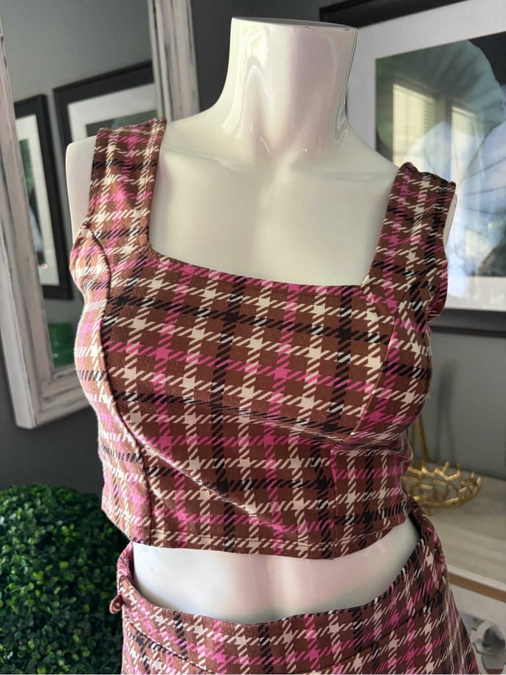Pink and Brown Plaid Two-Piece Skirt Set - Picture 3 of 6
